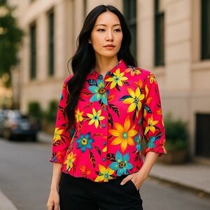 CACTUS FLOWER Women’s Size XL Pink Floral Vintage Ruching Hem Button Front Top